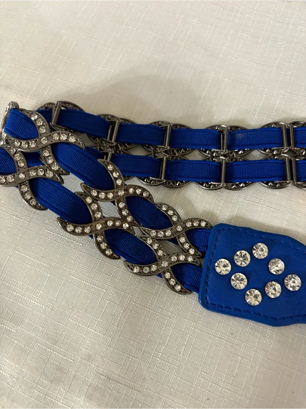 Vintage Y2K Royal Blue Rhinestone Stretch Belt Cinch Fits Up To 40